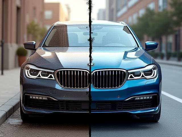 Split image showing a sedan before and after detailing
