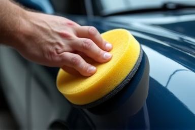 Hand applying wax to a luxury car